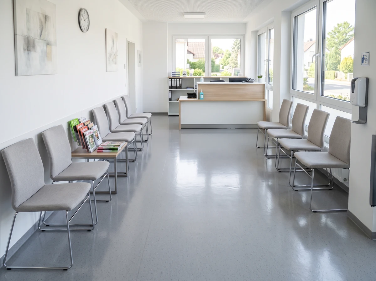 Praxis-Wartezimmer nach der Reinigung – glänzender Boden und hygienisch saubere Sitzreihen